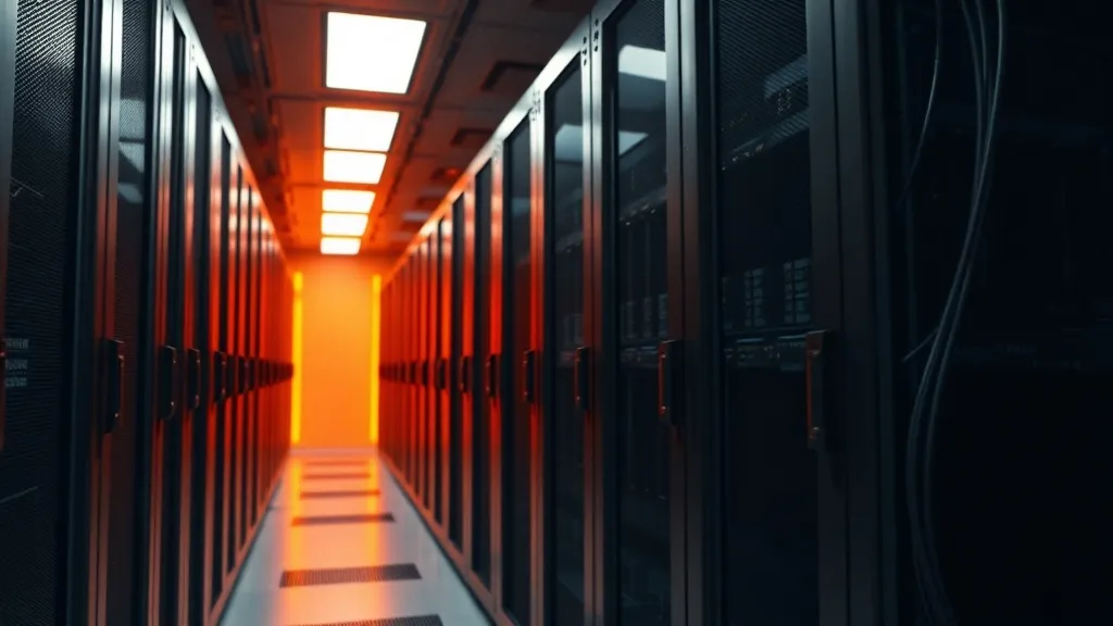 A minimalist, high-tech server room with warm amber lighting